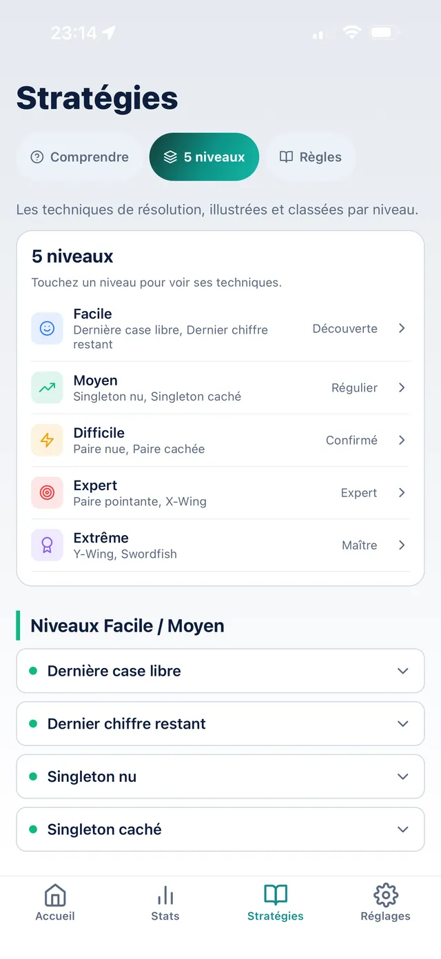 L'onglet Stratégies de SudoKoum : les techniques de résolution classées en cinq niveaux