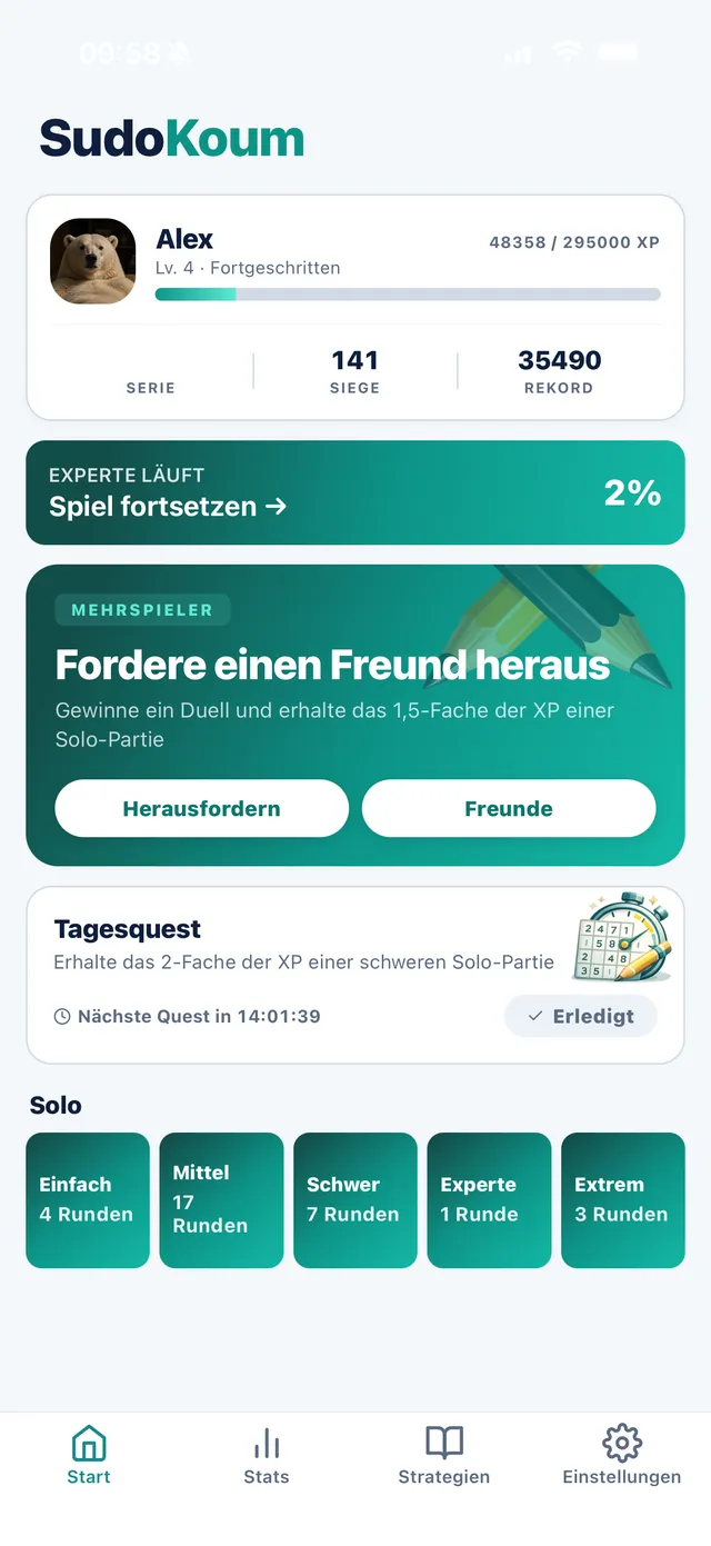 SudoKoum-Startbildschirm: Karte „Freund herausfordern“, Tagesquest und fünf Solo-Schwierigkeitsgrade