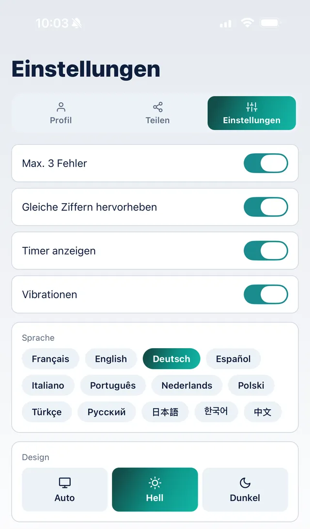 SudoKoum-Einstellungen: 13 Sprachen zur Auswahl und helles, dunkles oder automatisches Design