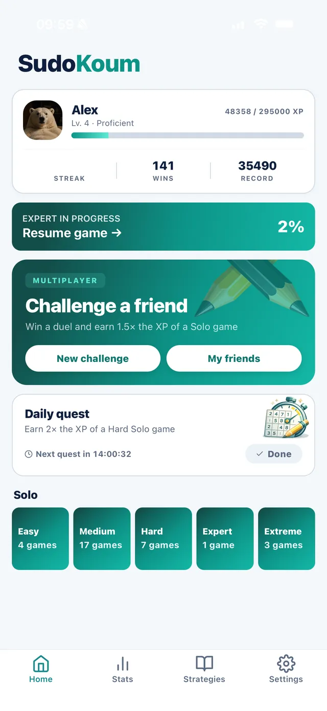 SudoKoum home screen: Challenge a friend card, daily quest and five solo difficulty levels