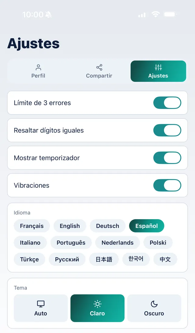 Ajustes de SudoKoum: 13 idiomas para elegir y tema claro, oscuro o automático