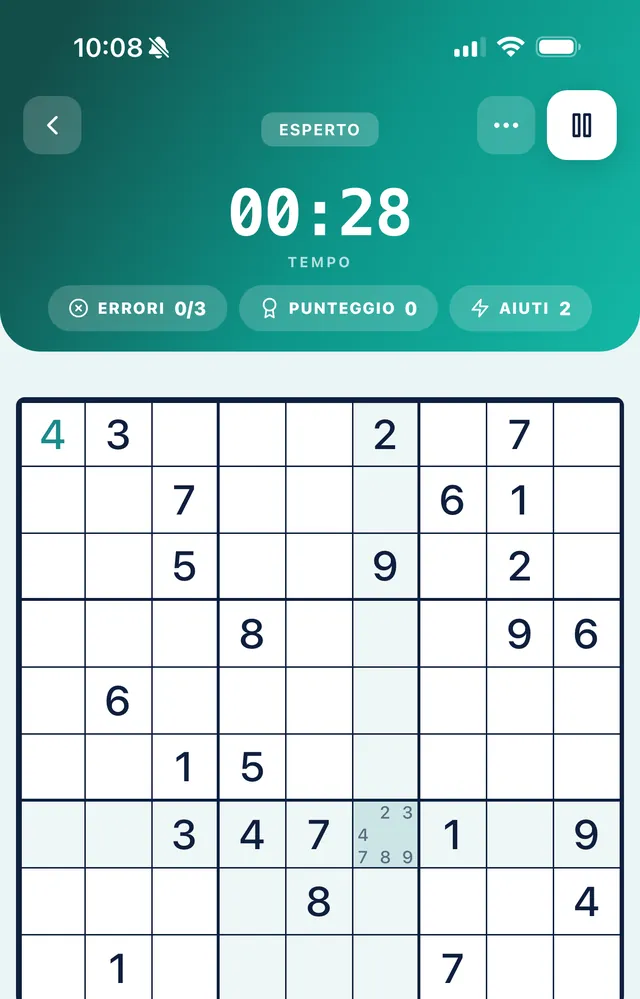 Una partita di Sudoku difficile in corso su SudoKoum, con timer, punteggio e contatore degli errori