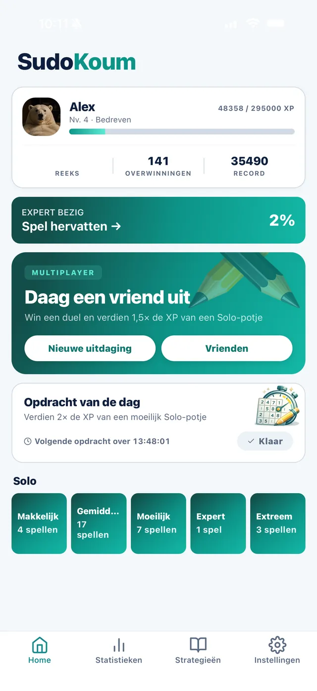 SudoKoum-startscherm: kaart om een vriend uit te dagen, opdracht van de dag en vijf solo-moeilijkheidsniveaus
