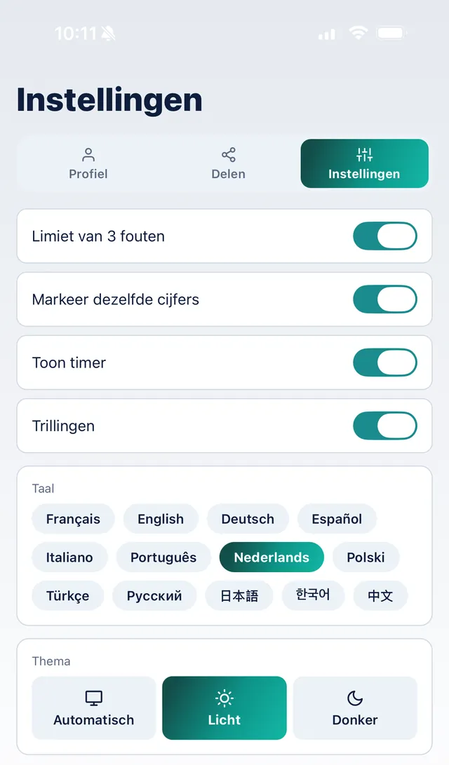 SudoKoum-instellingen: 13 talen om uit te kiezen en licht, donker of automatisch thema