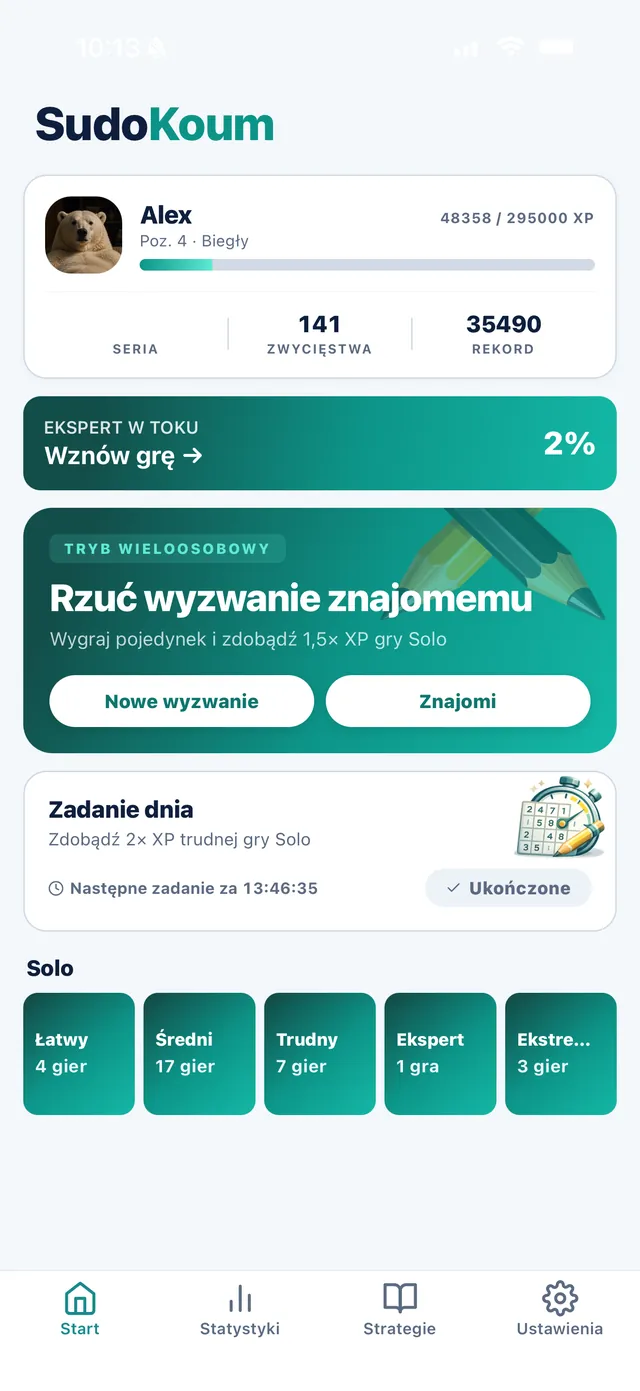 Ekran główny SudoKoum: karta wyzwania dla znajomego, zadanie dnia i pięć poziomów trudności solo