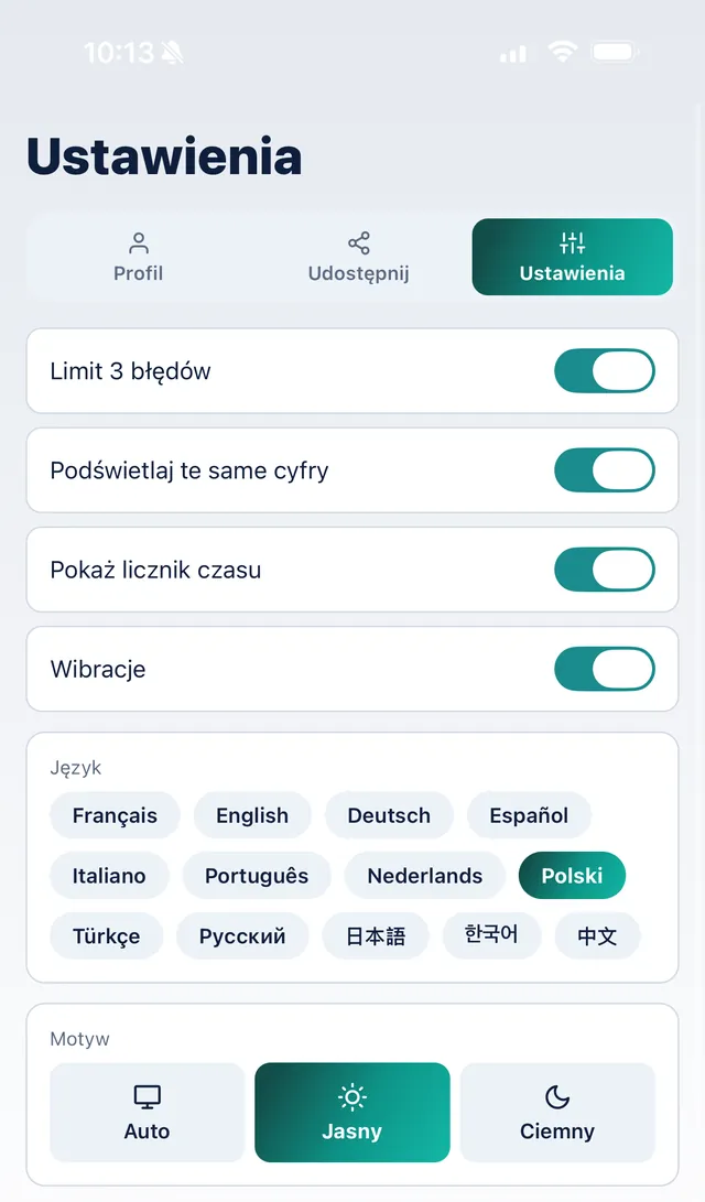 Ustawienia SudoKoum: 13 języków do wyboru oraz motyw jasny, ciemny lub automatyczny