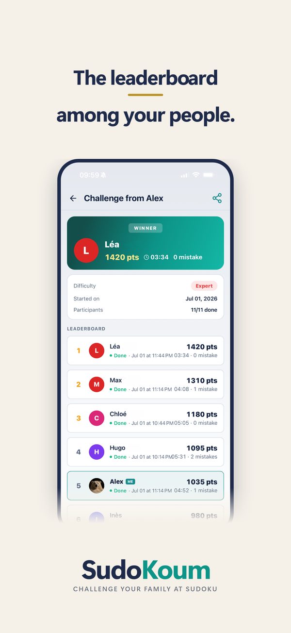 SudoKoum screenshot, a challenge leaderboard between friends