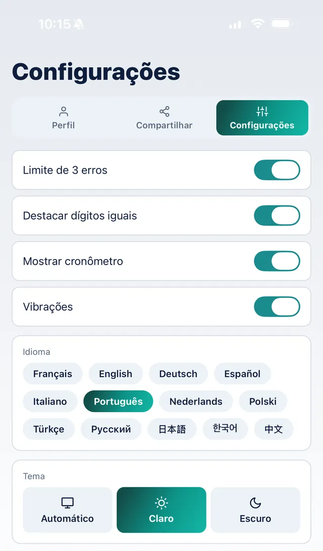 Configurações do SudoKoum: 13 idiomas para escolher e tema Claro, Escuro ou Automático