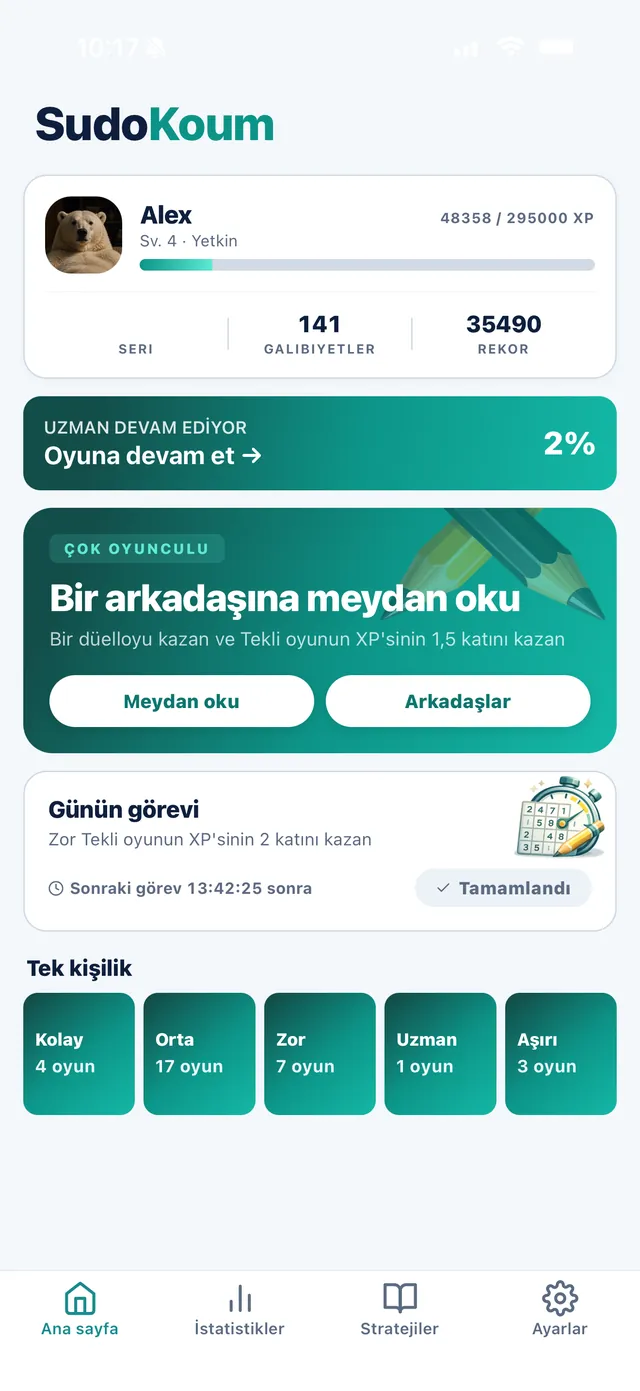 SudoKoum ana ekranı: arkadaşına meydan okuma kartı, günün görevi ve beş solo zorluk seviyesi
